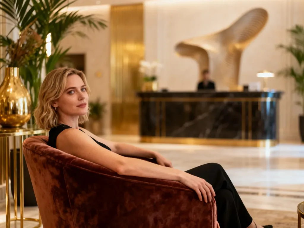 Eleganckie lobby hotelu butikowego z kobietą wypoczywającą w stylowym fotelu w otoczeniu luksusowych wnętrz.