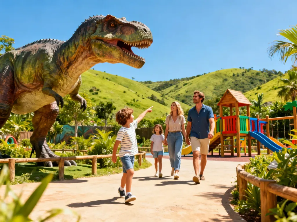 Szczęśliwa rodzina zwiedzająca park jurajski w Bałtowie, gdzie dziecko wskazuje na realistyczny model dinozaura.
