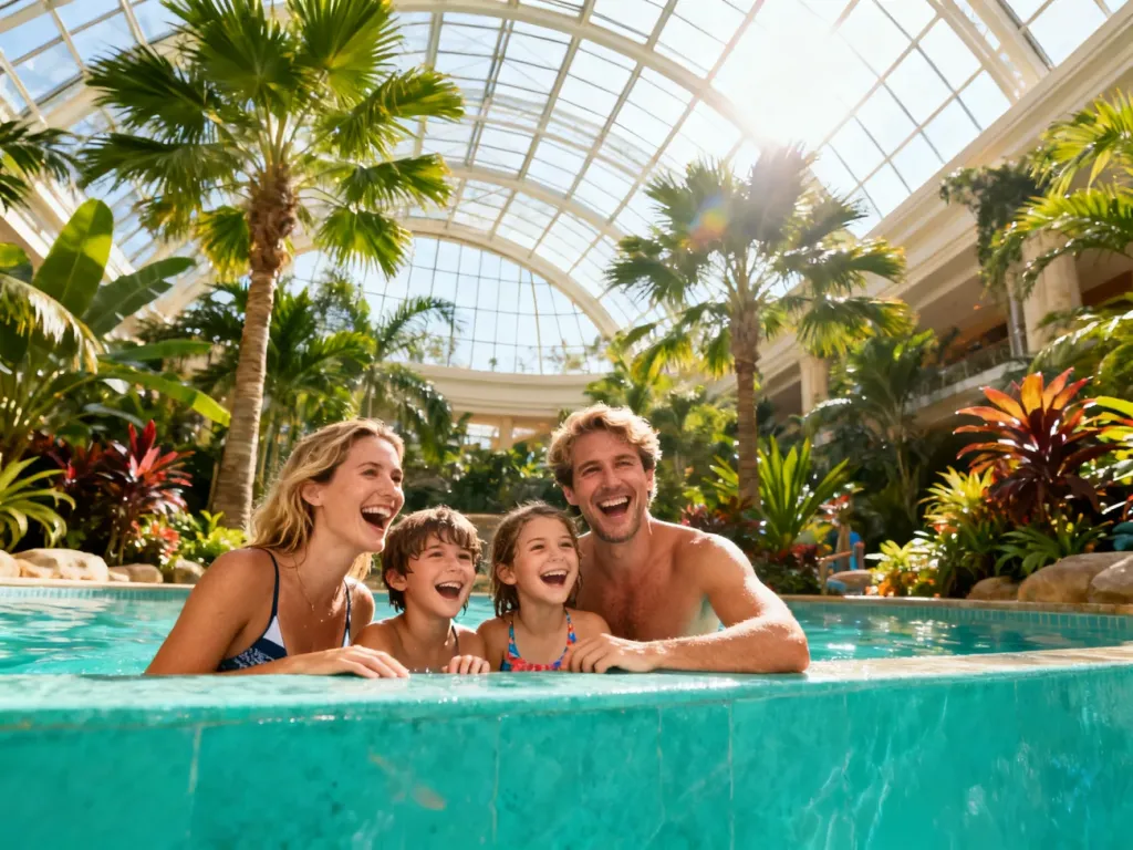 Szczęśliwa rodzina wypoczywająca w basenie w Tropical Islands pod szklaną kopułą z egzotyczną roślinnością.