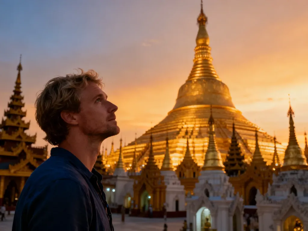 Turysta podziwiający złotą pagodę Shwedagon w Mjanmie podczas zachodu słońca.