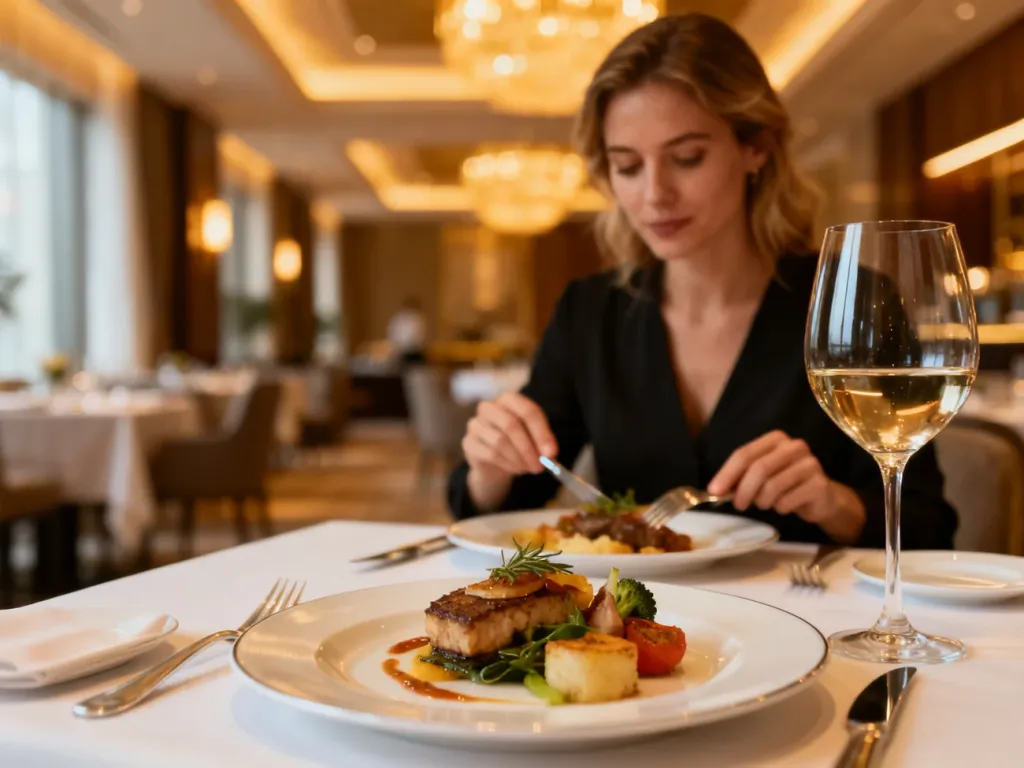 Elegancko nakryty stół w hotelowej restauracji z wykwintnym daniem i winem, ilustrujący ofertę wyżywienia typu half board.