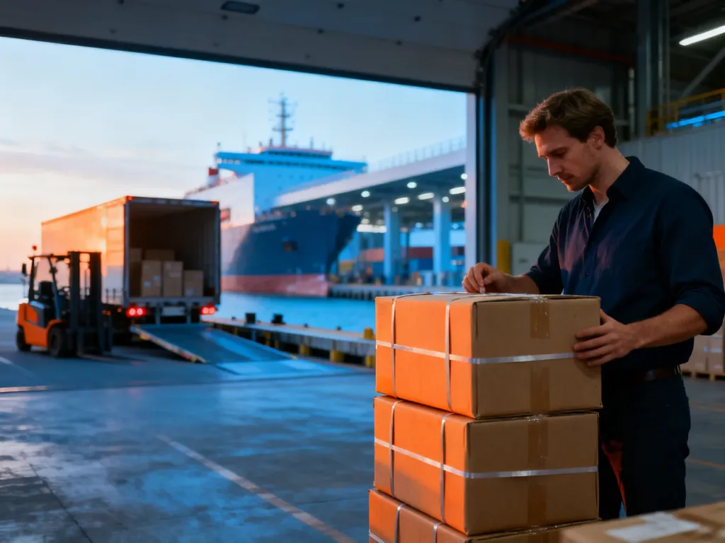 Pracownik magazynu kontrolujący zabezpieczony ładunek w nowoczesnym centrum logistycznym.